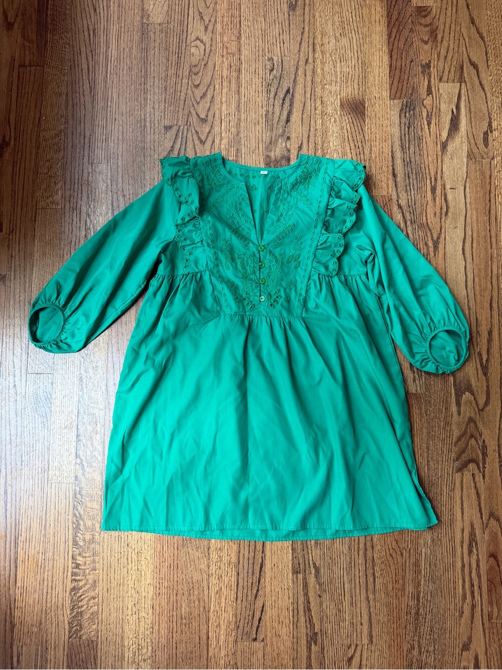 SHEIN Green Ruffled Embroidered Tunic Dress